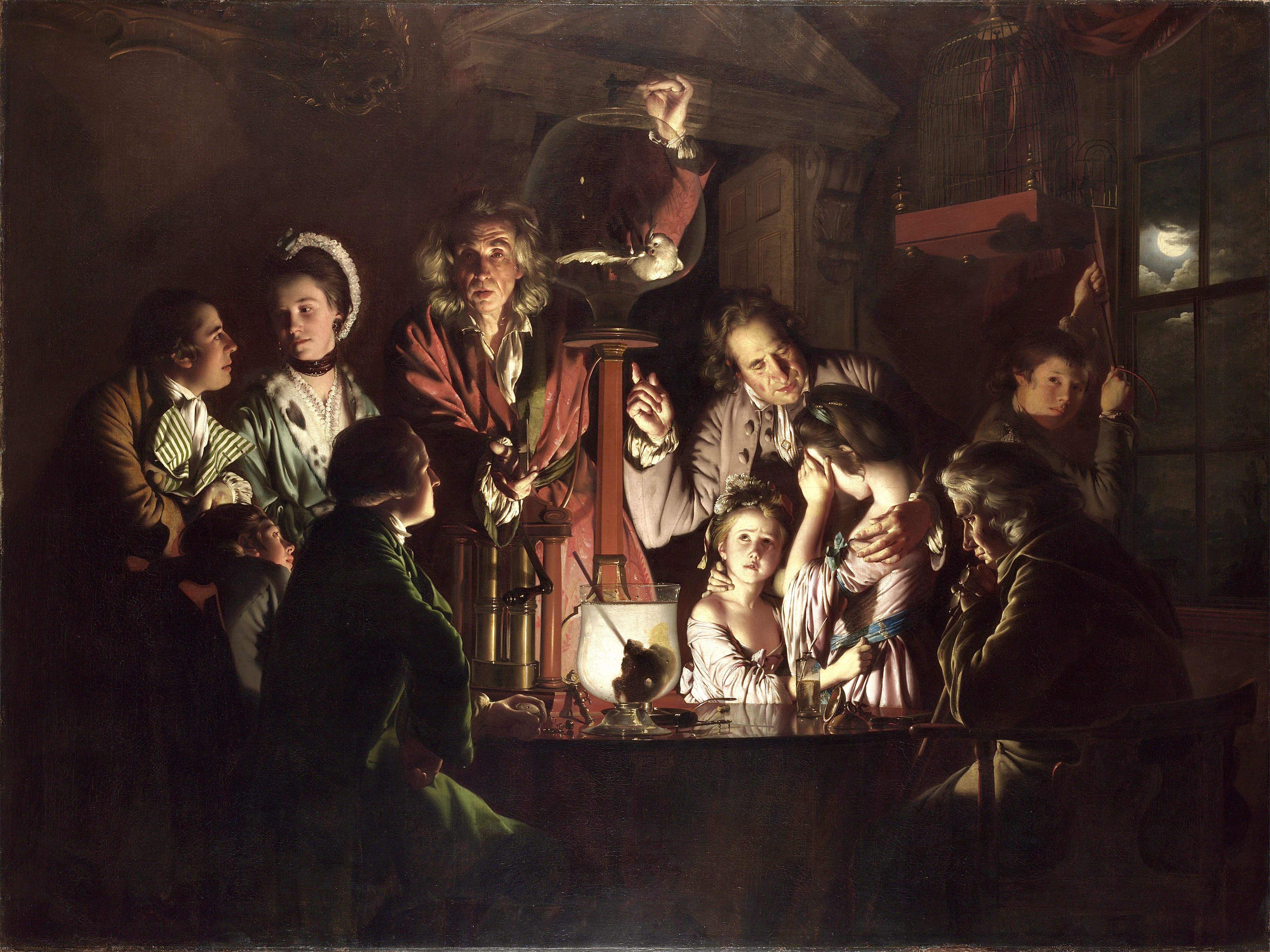 Joseph Wright of Derby’s An Experiment on a Bird in the Air Pump (1768): a candlelit scientific demonstration as onlookers gather around a glass vessel holding a white bird, emphasizing experimental uncertainty and moral tension.